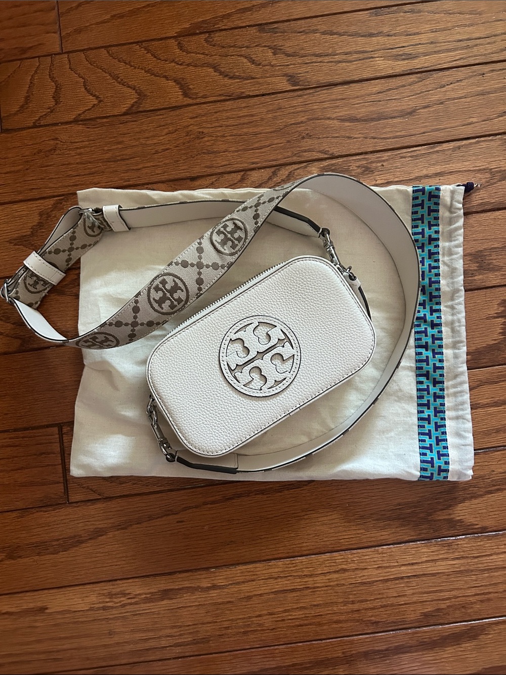 Tory Burch White Pebbled Leather Logo Crossbody with Patterned Strap